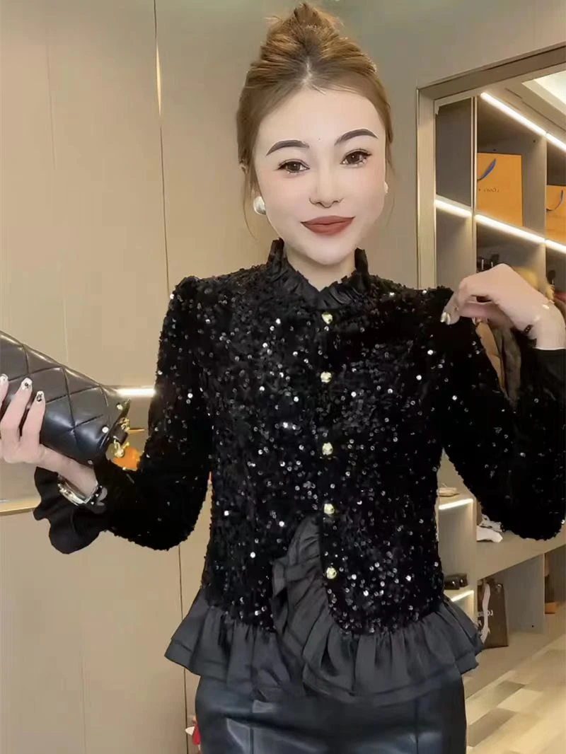 亮片衬衫女2025春季新款荷叶边洋气减龄不对称高级感外套冬季打底