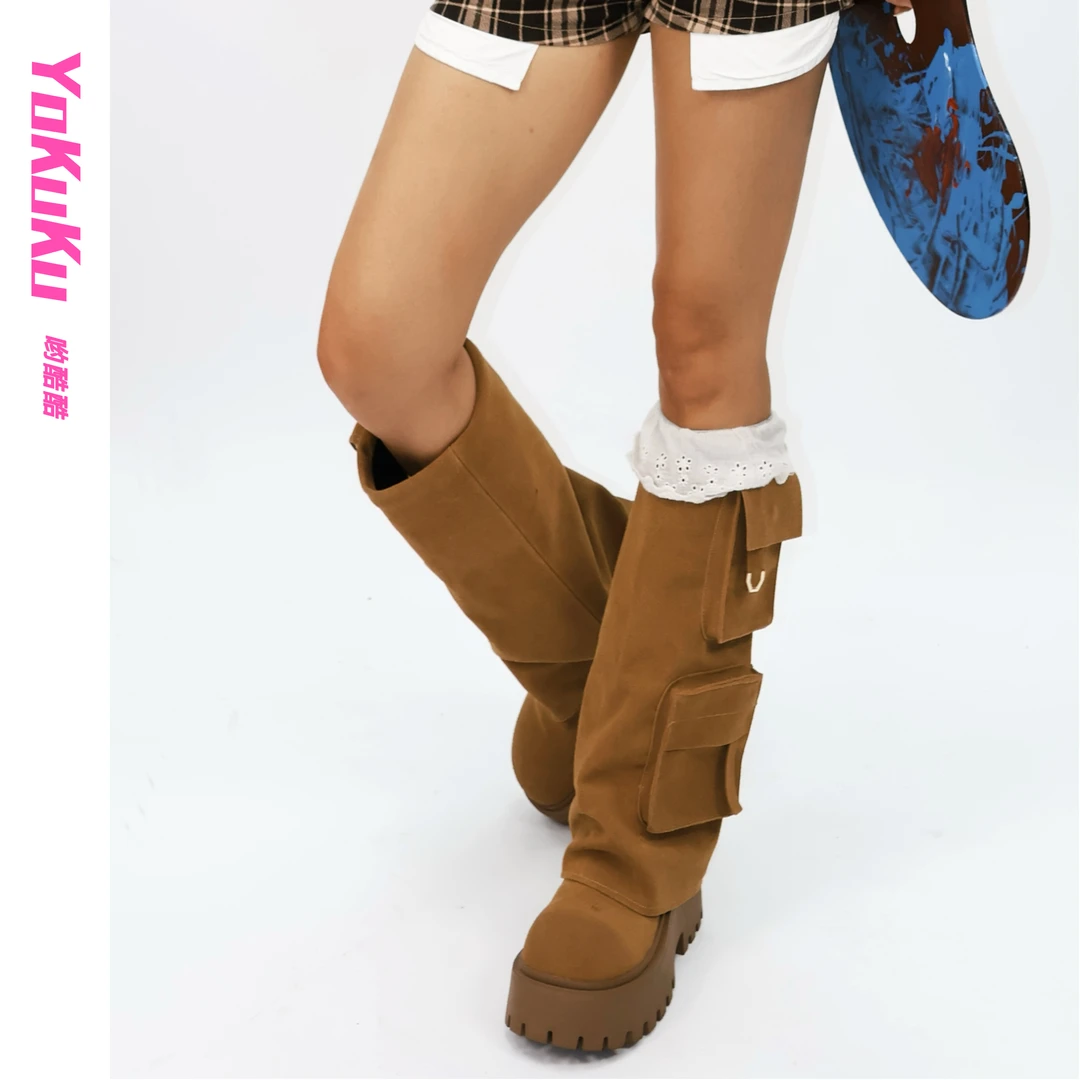 哟酷酷（沙漠越野）美式复古骑士口袋裤烟管显腿瘦中长筒百搭四季靴