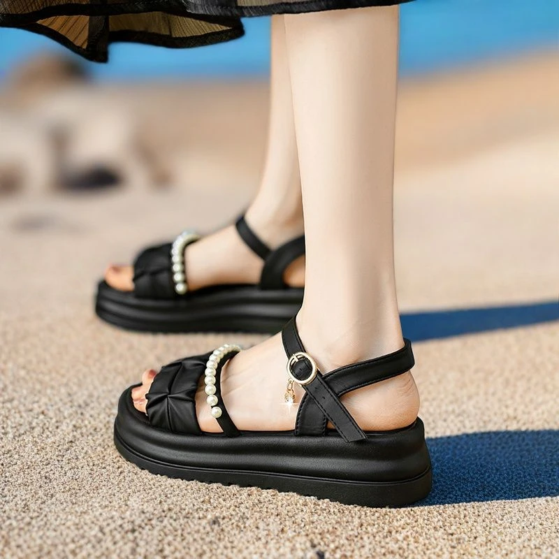 舒适一字带凉鞋富家千金风防滑增高凉鞋厚底珍珠网红外穿软底女鞋