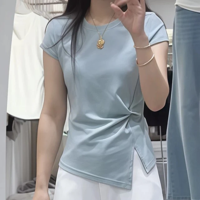 短袖t恤女2025夏季新款爆款圆领不规则抽褶下摆开叉显瘦遮肉洋气
