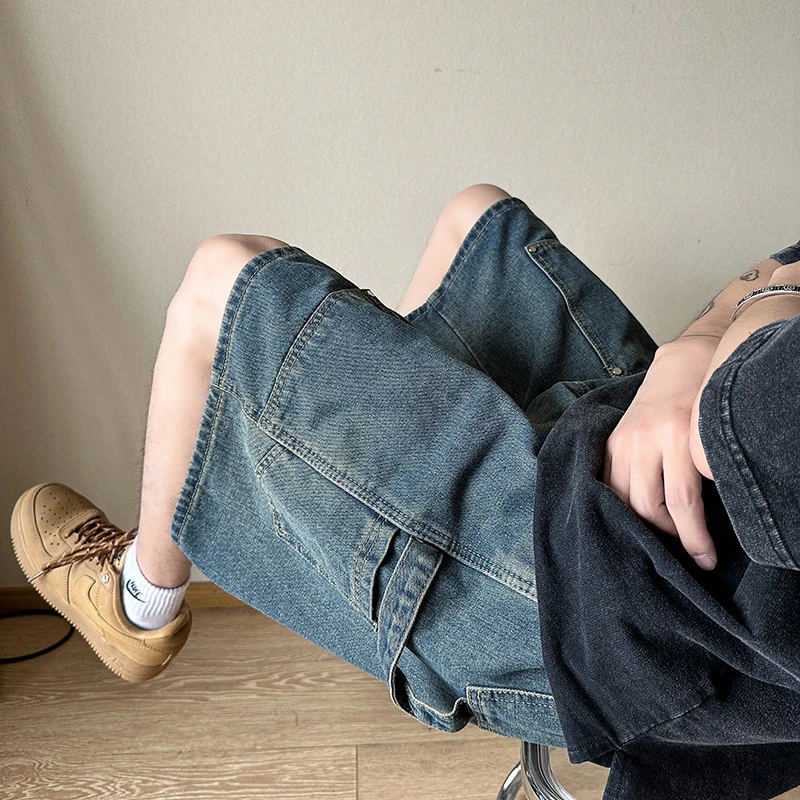 工装牛仔短裤男夏季薄款美式复古宽松直筒五分裤水洗潮牌休闲中裤