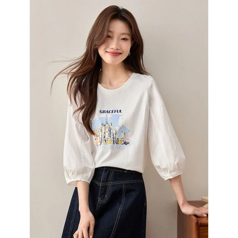 9726七分袖印花T恤女春秋2025新款时尚洋气减龄设计感体恤上衣女