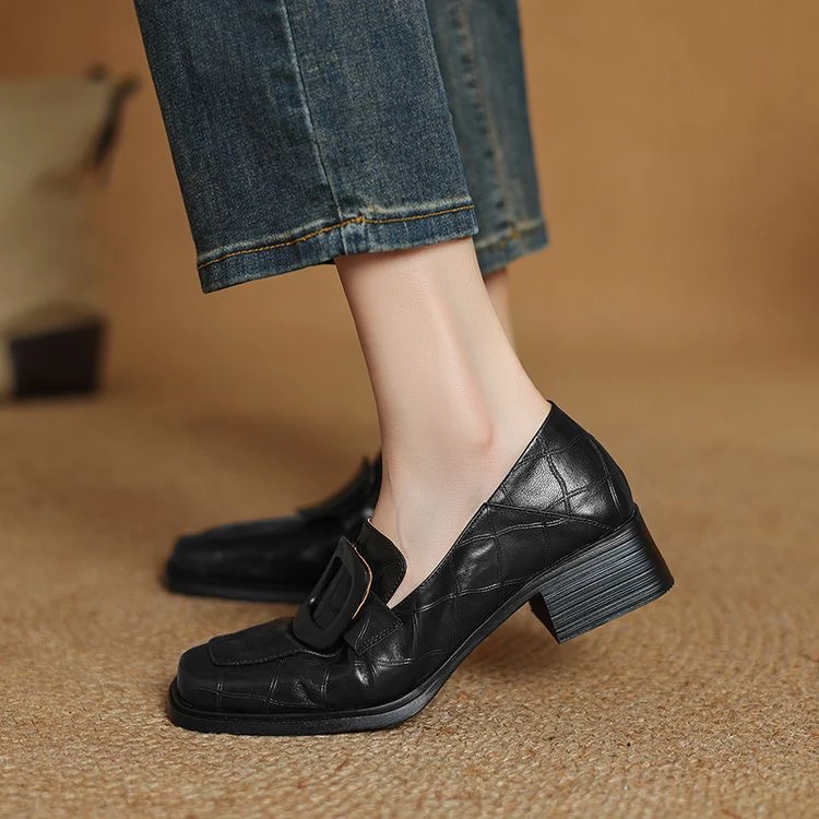 里外纯皮～头层羊皮4cm方头复古中跟乐福鞋百搭女深口单鞋春秋粗跟