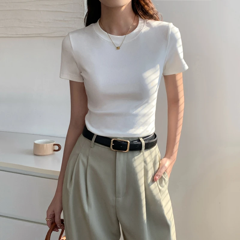 白色短袖t恤女夏季2025新款正肩洋气内搭打底衫修身紧身半袖上衣