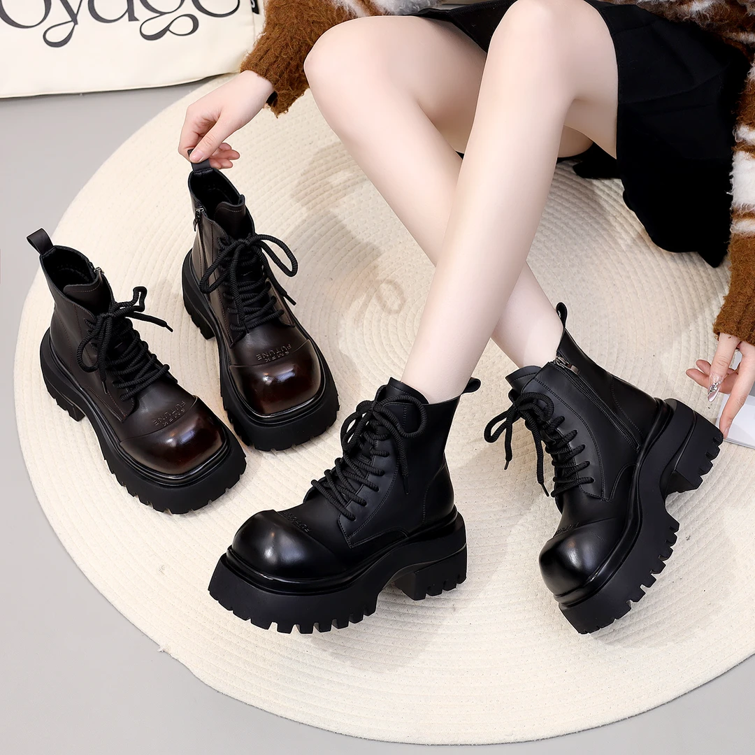 绵羊毛短筒马丁靴秋冬新款英伦风靴子时尚百搭粗跟厚底系带马丁靴