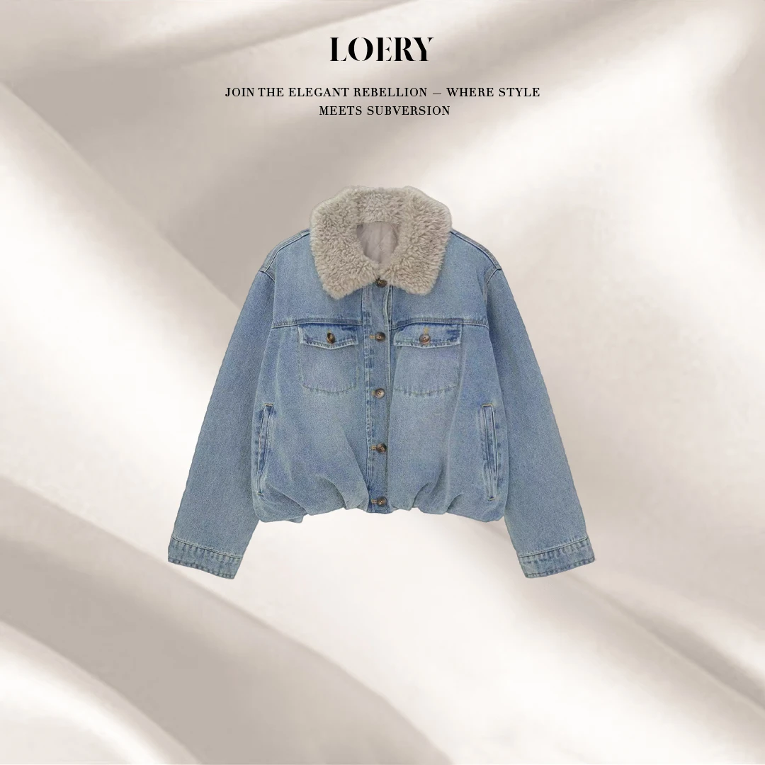 LOERY【丹宁牛仔编号62】复古水洗牛仔软糯毛领夹棉牛仔外套-11525