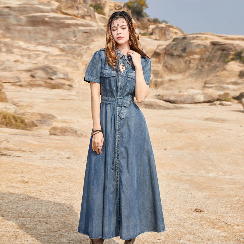 2025夏季新款收腰显瘦时尚腰带连衣裙复古设计感翻领牛仔裙82378