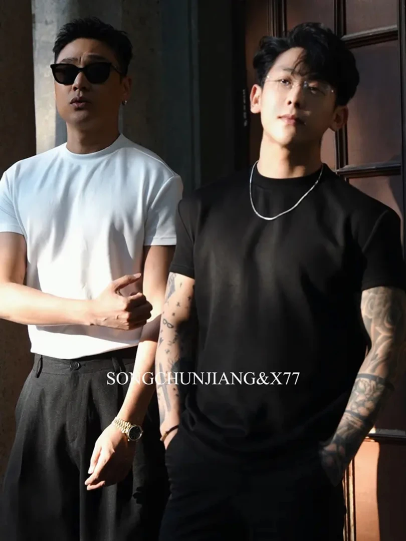 春夏百搭T恤正肩收袖口显身材男硬汉清凉透气短袖上衣纯色半袖