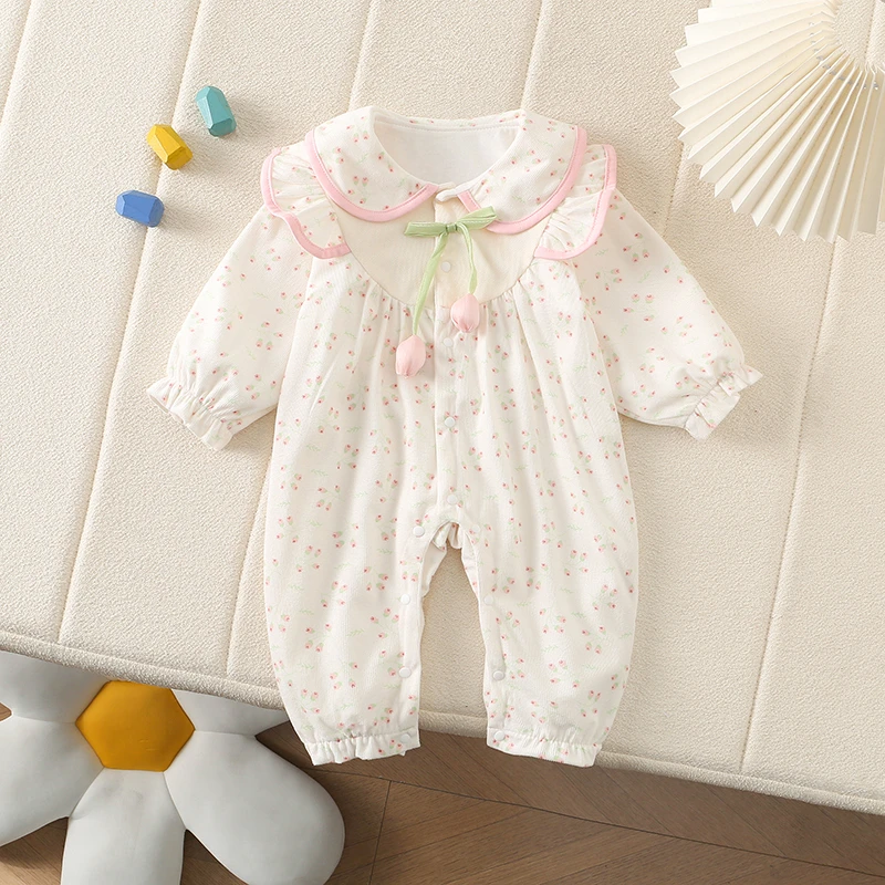 婴幼儿可爱风春秋公主风女宝宝长袖爬服郁金香哈衣满月连体衣