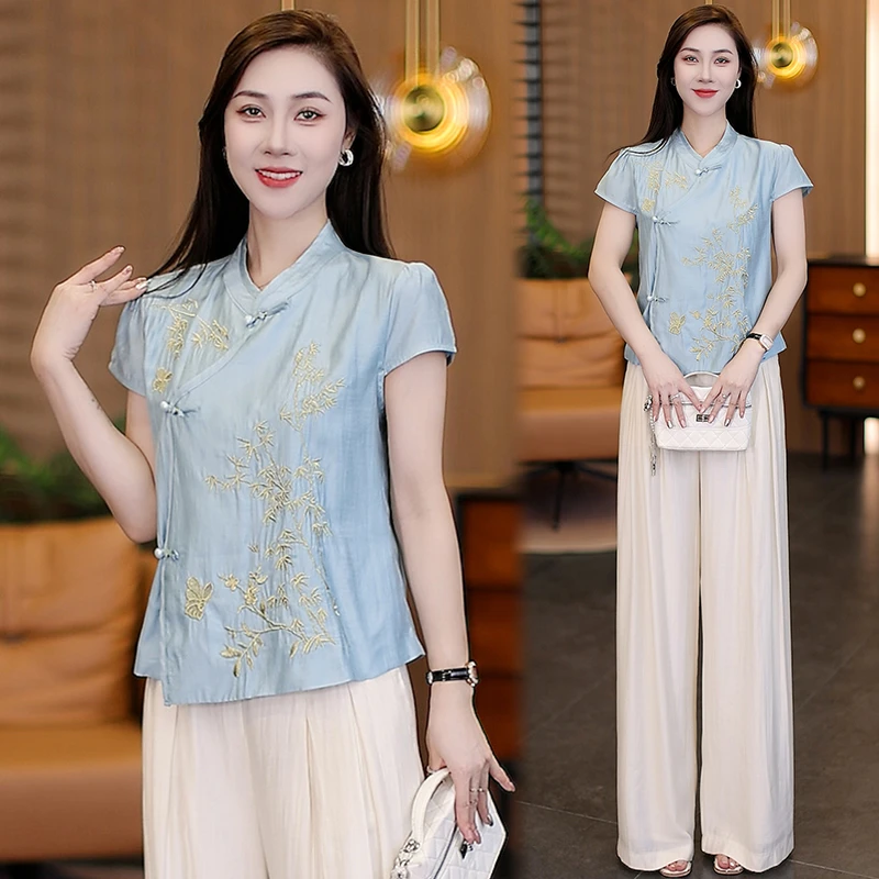 新中式套装国风禅意立领斜襟竹叶短袖显瘦气质垂感阔腿裤两件套潮