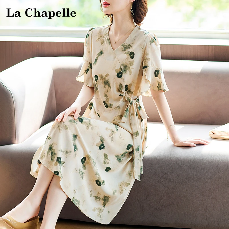 拉夏贝尔时尚妈妈夏装印花雪纺连衣裙中年妇女中老年收腰系带长裙