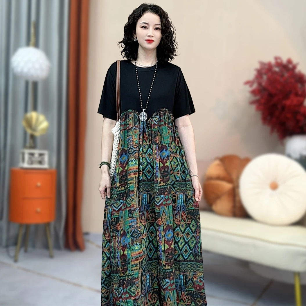 浪漫度假风短袖大码女装连衣裙宽松透气弹力时尚优雅夏妈妈装拼色