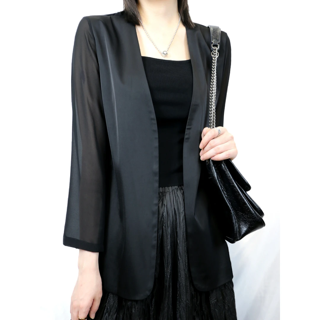 畅形CHECKLESS醋酸缎面白色西装外套女夏季薄款感修身小西装长袖