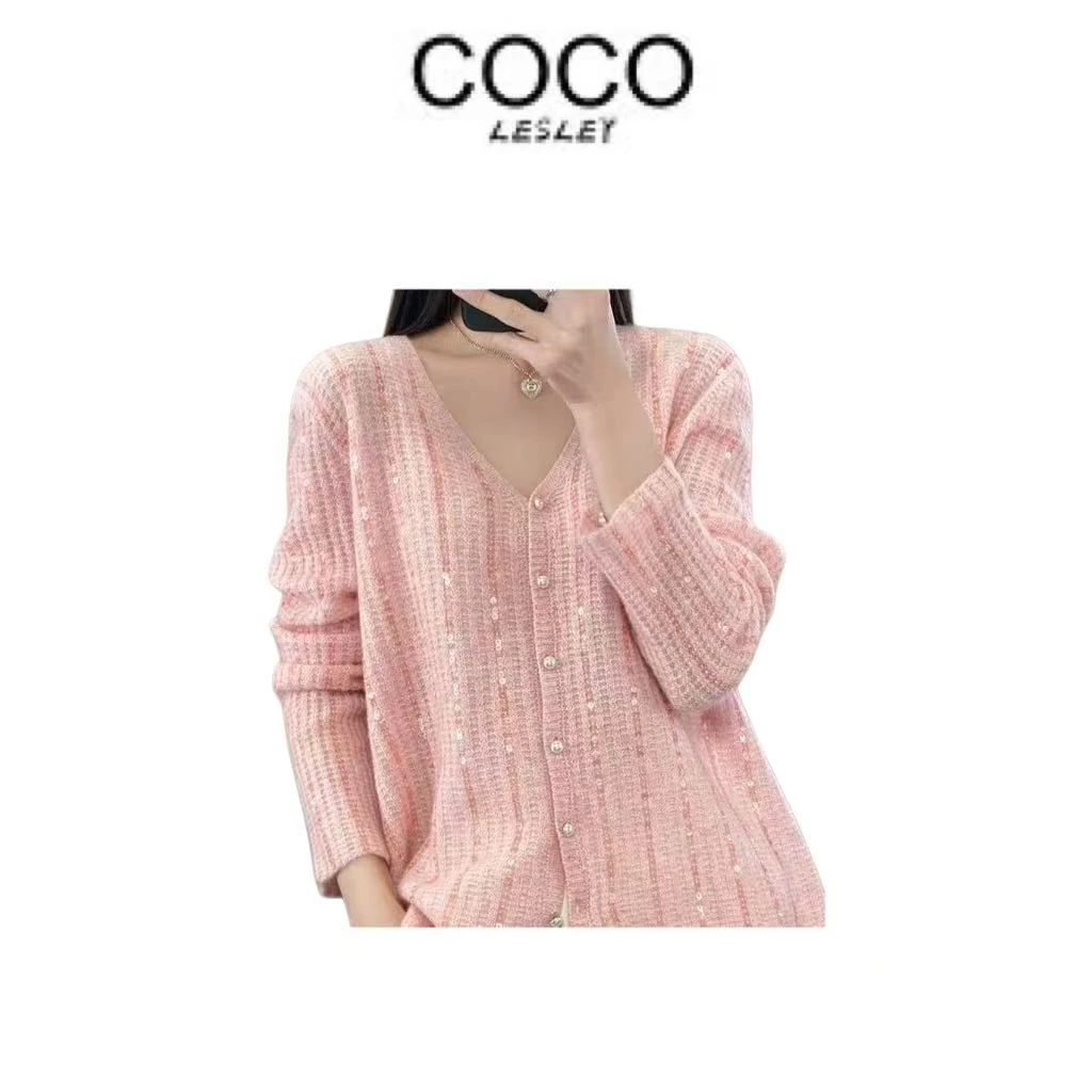 【COCO LESLEY】轻奢精致亮片V领针织开衫-0513-B
