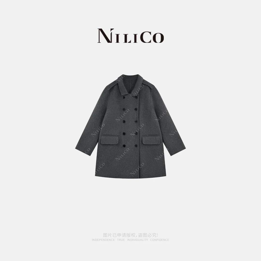 NILICO【英伦玫瑰】合体正肩骆驼绒双排扣羊毛中长女大衣
