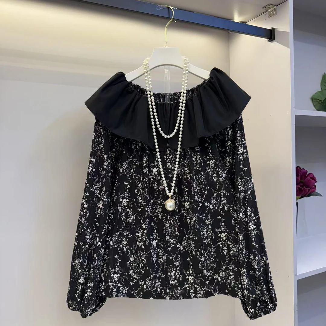 欧货新款大码女装荷叶领减龄时尚碎花衫