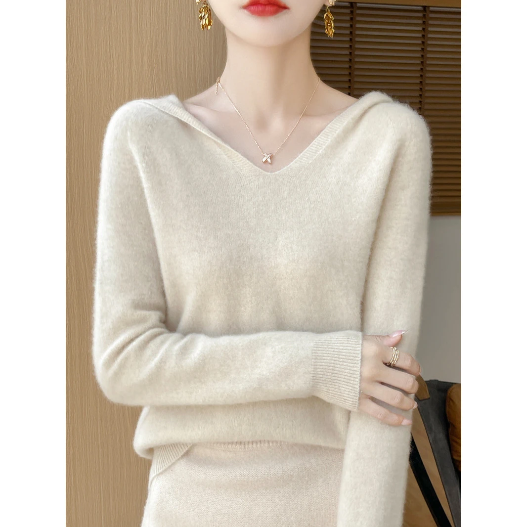 无缝羊毛衫女100连帽毛衣秋冬女套头内搭宽松帽衫慵懒宽松高级上