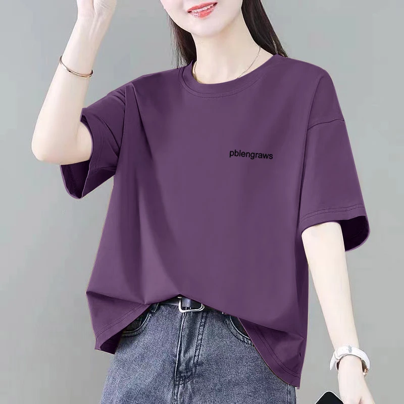 100%纯棉圆领短袖T恤女大码宽松显瘦洋气减龄百搭半袖休闲ins上衣