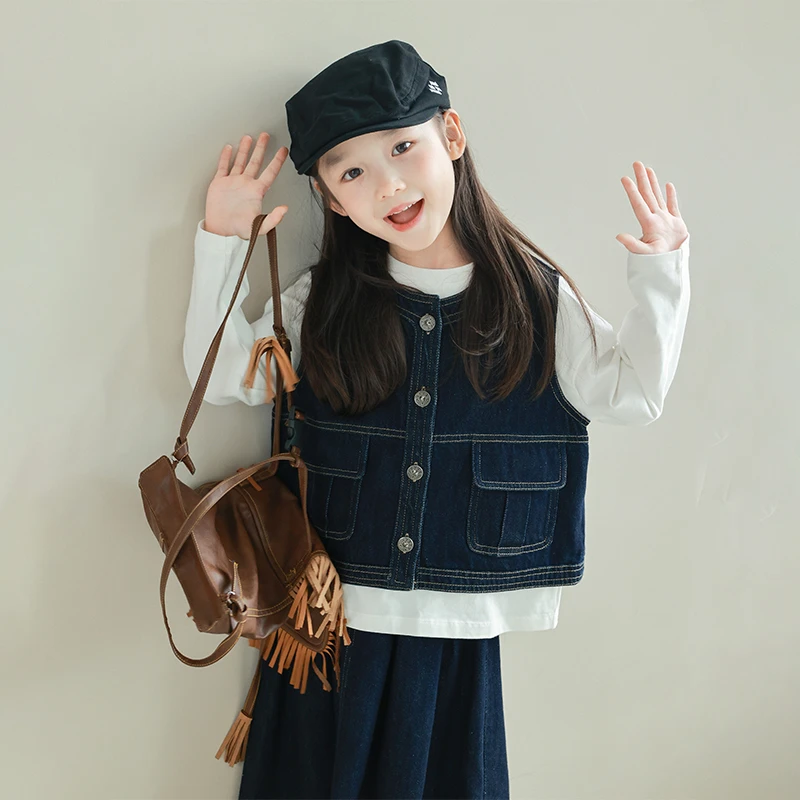 utouto大耳象女童口袋撞色线马甲 牛仔半裙2024秋季新款2408233