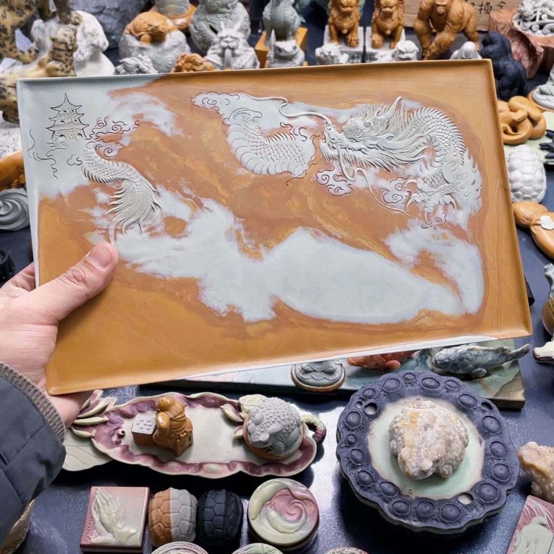 金包玉手工雕刻茶盘龙
