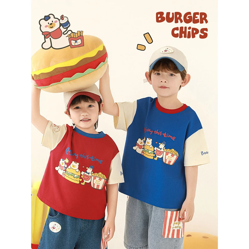 YOEHYAUL/幼悠夏叁波【美食玩家】男宝洋气卡通印花插肩短袖N6010