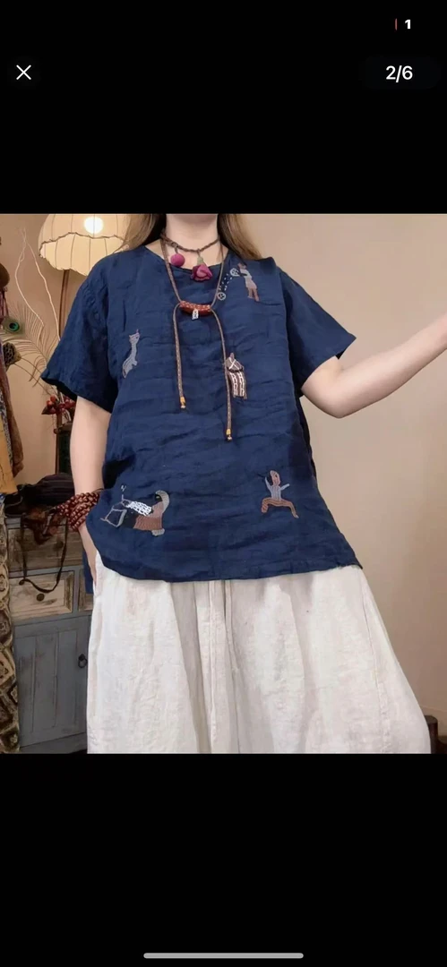 【麻翔】韩版时尚雨露亚麻刺绣圆领夏季上衣宽松百搭复古文艺网红款