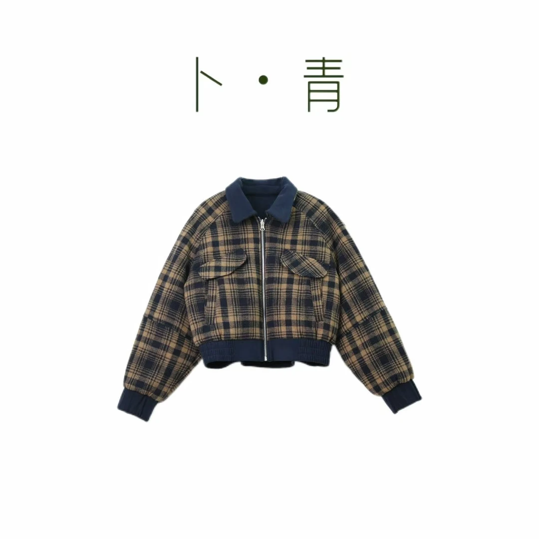 显瘦气质轻奢高腰时尚休闲格子撞色双面穿棉服-lbq05