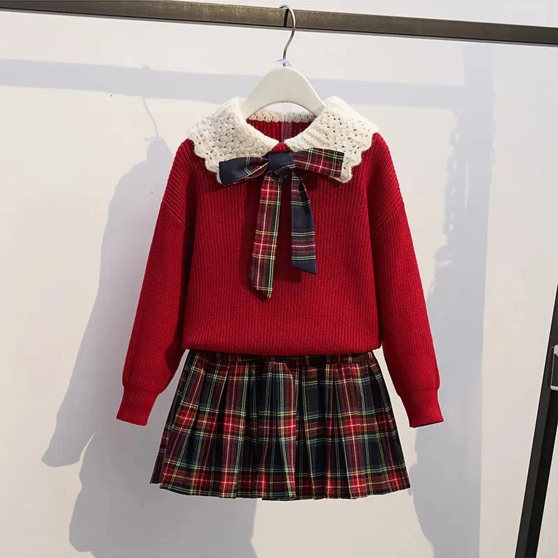 女童针织套头毛衣两件套秋冬新款洋气学院风jk套装百褶裙红色