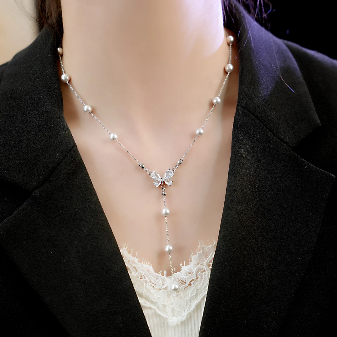 钛钢仿珍珠项链 【流苏满天星蝴蝶】轻奢时尚镶嵌仙气气质锁骨链女