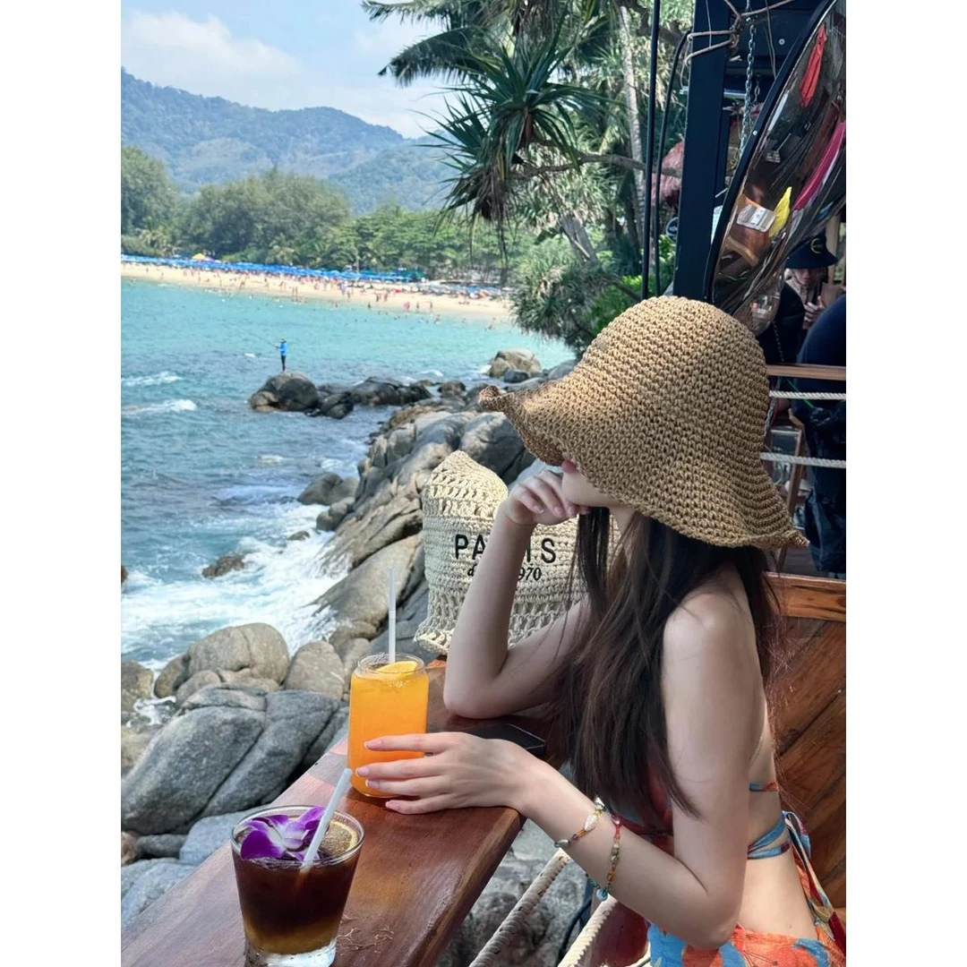 泰兰德度假风草帽女夏季海边防晒遮阳帽时尚可折叠草编渔夫帽沙滩