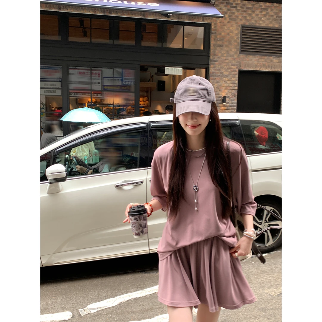 夏诗文 莫代尔弹力针织圆领宽松七分短袖T恤