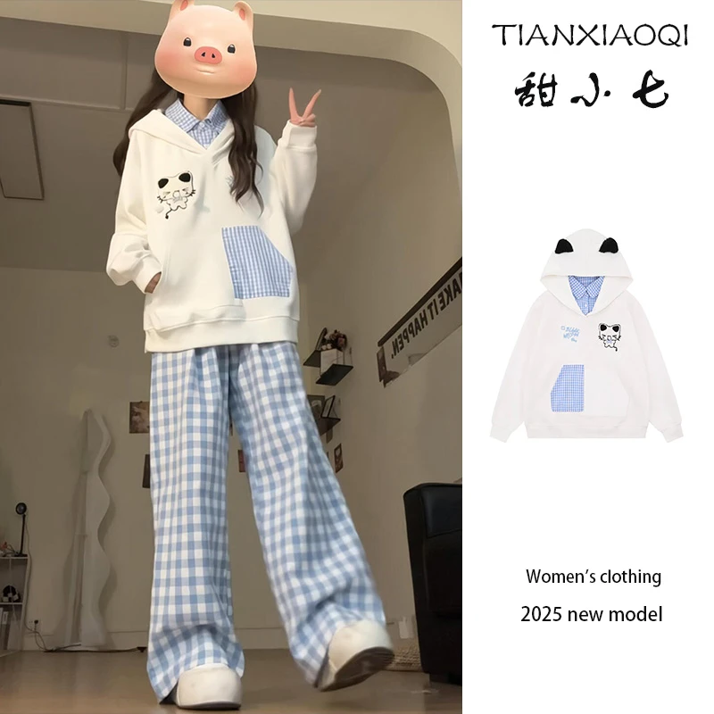 美式复古格子拼接猫咪刺绣假两件连帽卫衣女秋冬新款宽松闺蜜装