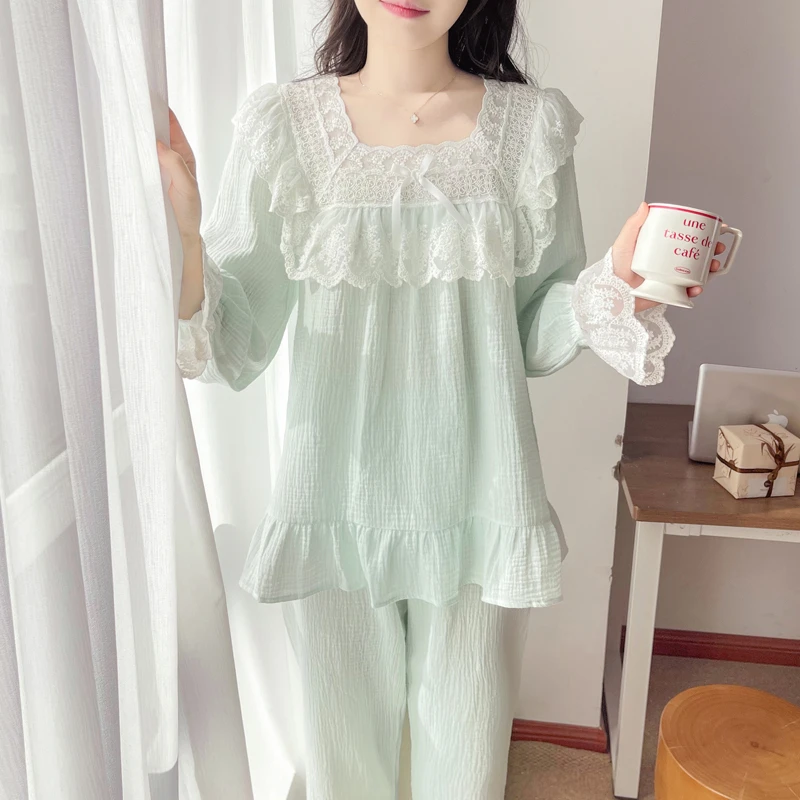 公主风睡衣女春秋款棉长袖宫廷仙女可爱甜美蕾丝家居服冬季套装