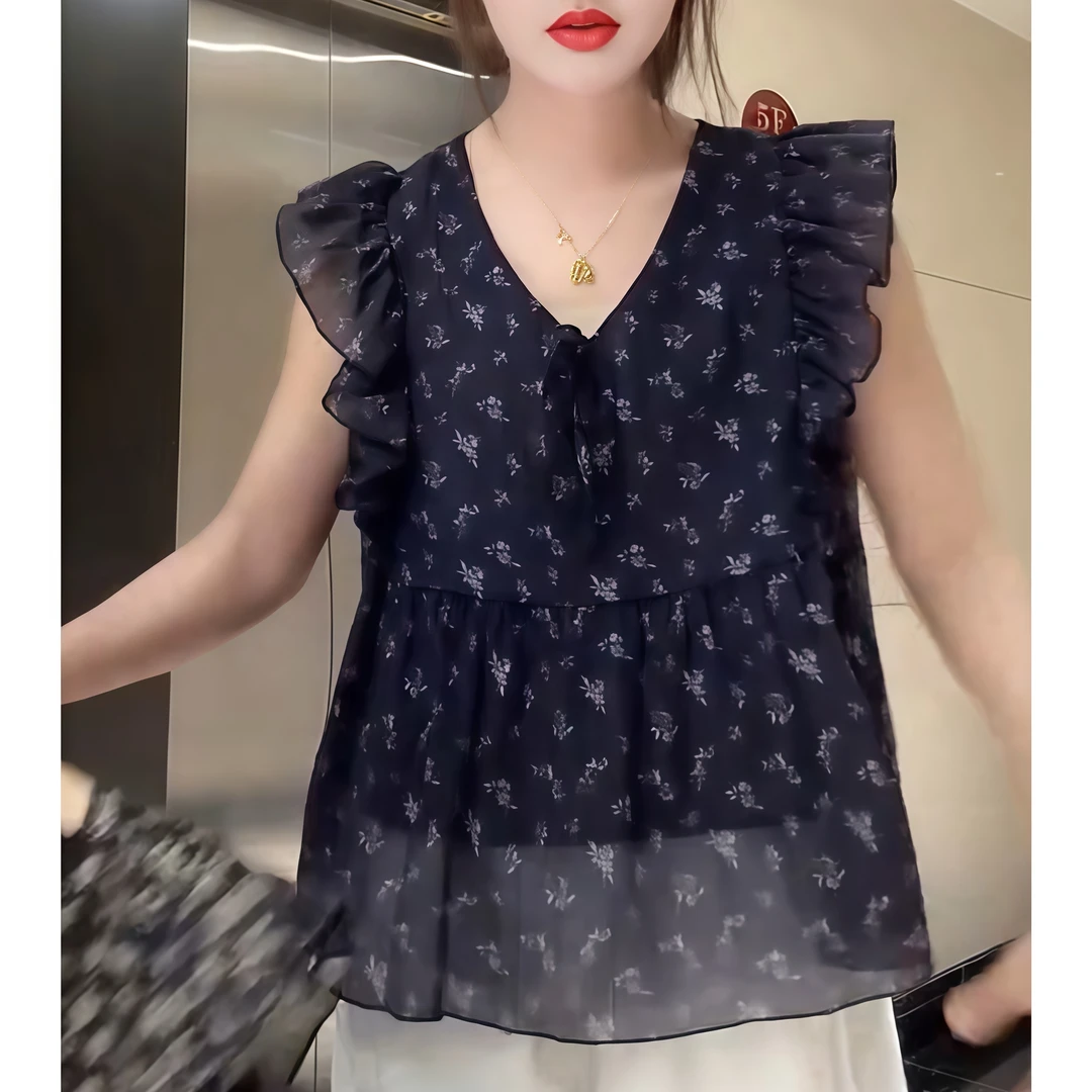 洋气小飞袖蓝色碎花小衫女2025夏季新款时尚百搭减龄显瘦女上衣潮