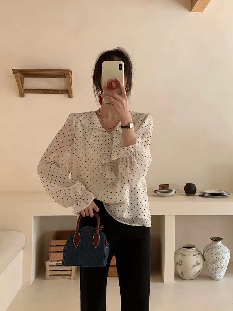 【丽鑫】6191荷叶边波点长袖衬衫