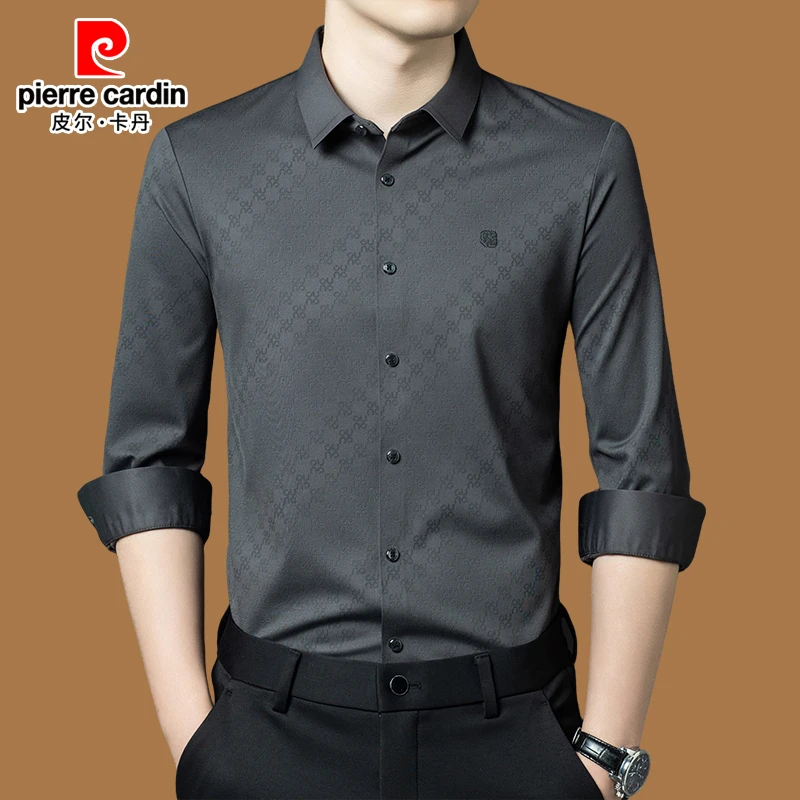 皮尔卡丹高档男士冰丝长袖衬衫秋季时尚轻奢男装新款休闲百搭衬衣