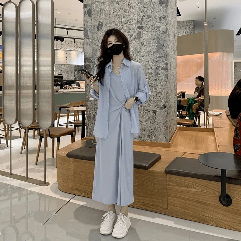 新中式禅意套装女夏季2024薄后盘扣开叉防晒衬衫吊带连衣裙两件套