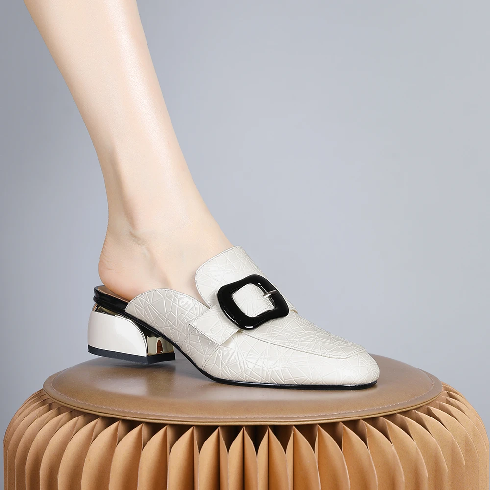 妮彩诗2024年新款欧美真皮半拖懒人鞋时尚小粗跟包头方头女鞋2237