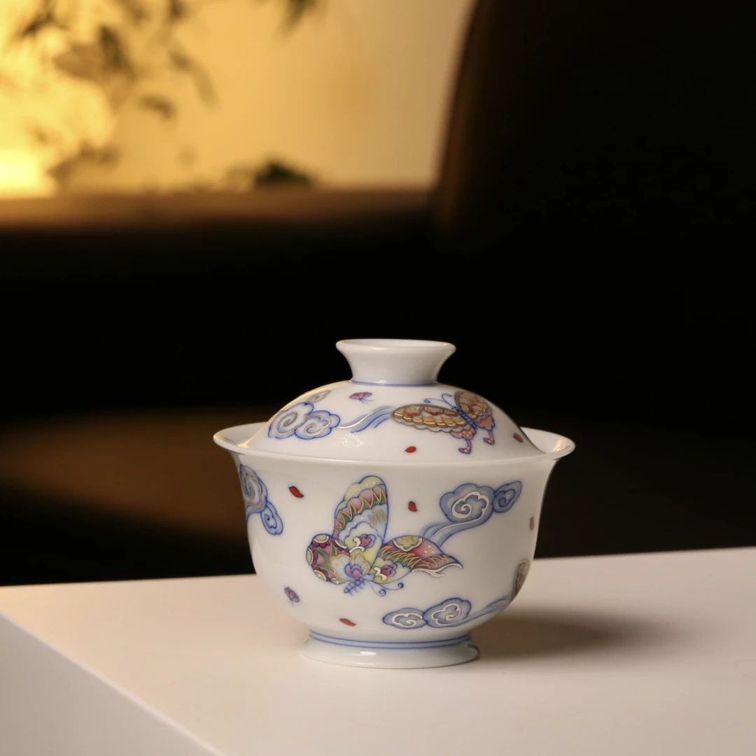 舒月观风 景德镇斗彩手绘措金银祥云蝴蝶盖碗 120cc