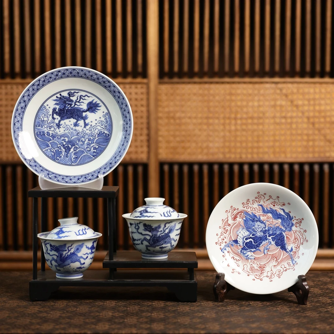 茶圈大魔王茶器景德镇手绘朗瓷阁/怀宣临古青花海水麒麟盖碗/壶承