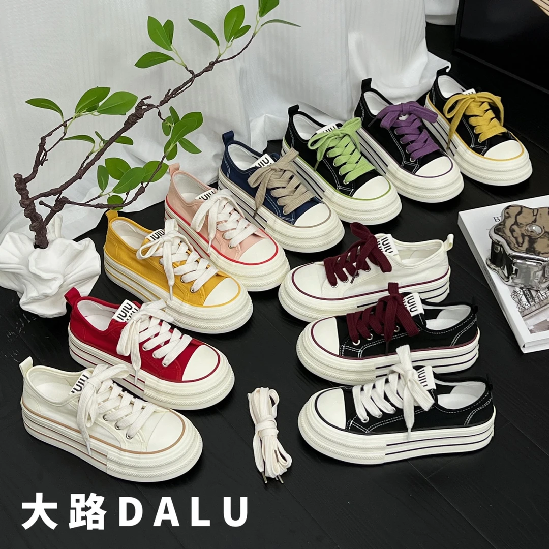 【DaLu】透气薄款厚底帆布鞋女2025夏季新款系带休闲百搭小白鞋板鞋