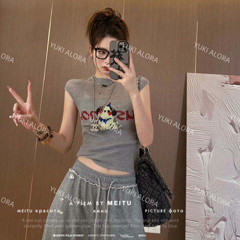 【LLU李】美式辣妹镂空无袖针织衫女西甲显瘦修身百搭简约短款t恤