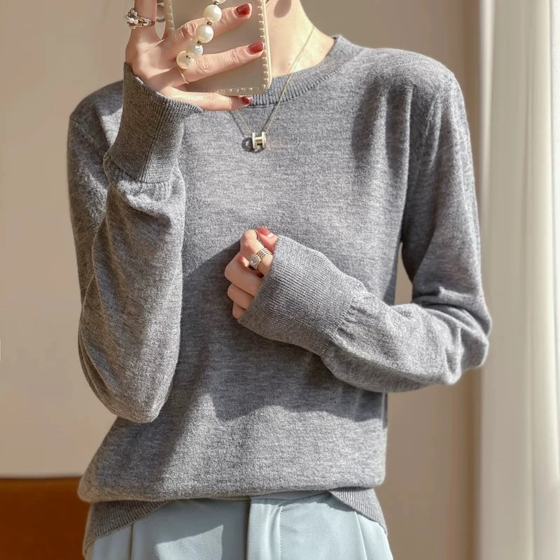 圆领宽松无缝羊毛衫女100%纯羊毛超细美丽奴针织衫上衣女打底衫