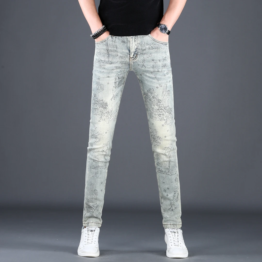 男士秋季款欧美潮牌印花男士牛仔裤新款修身小脚裤潮流男裤子潮牌