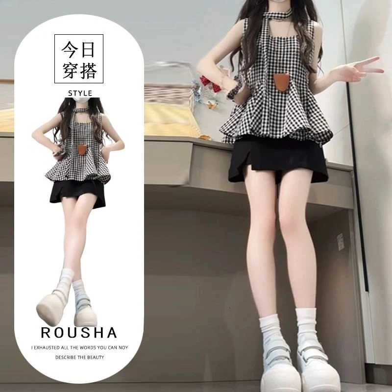 时尚黑色格子荷花边吊带黑色半身短裙两件套2025夏季新款休闲套装