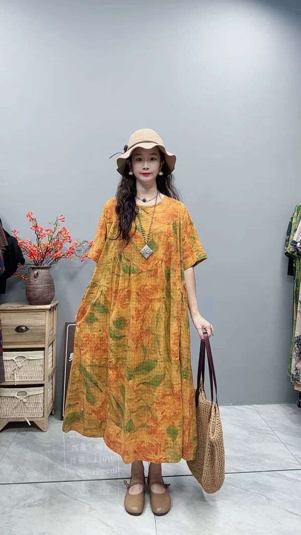 5400夏季新款清凉气质时尚复古遮肚宽松女显瘦百搭圆领休闲连衣裙