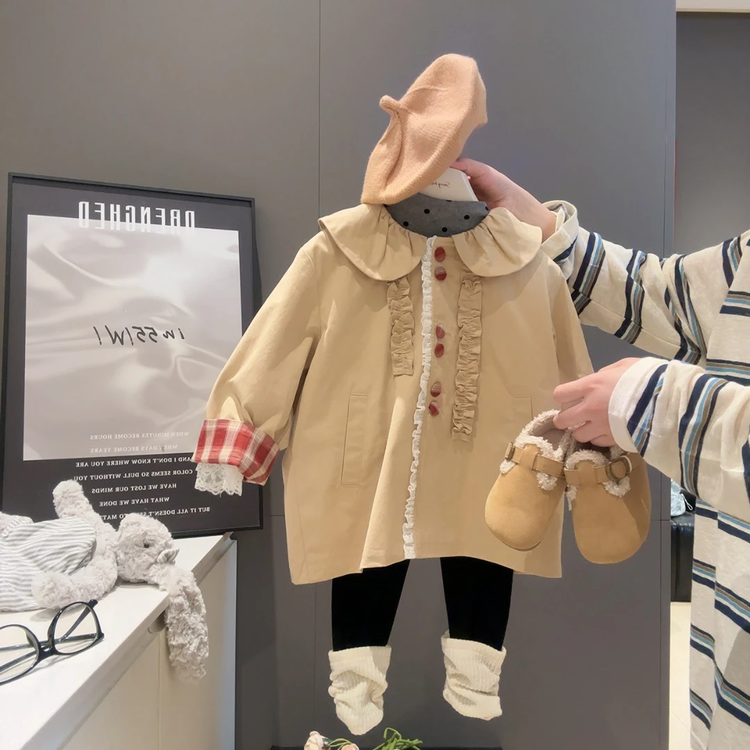 佑琦恩女童洋气设计感荷叶领韩版风衣外套2025秋季新款BQB017鱼