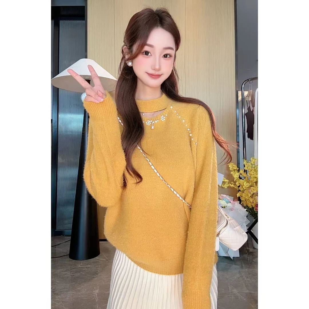 2270不起球秋冬圆领针织厚毛衣上衣长袖珍珠镂空设计套头内搭女