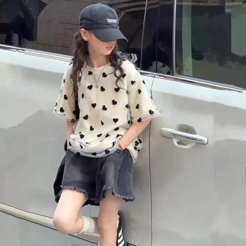 女童短袖t恤夏季2025新款网红女孩夏装洋气女大童双层网纱半袖潮T