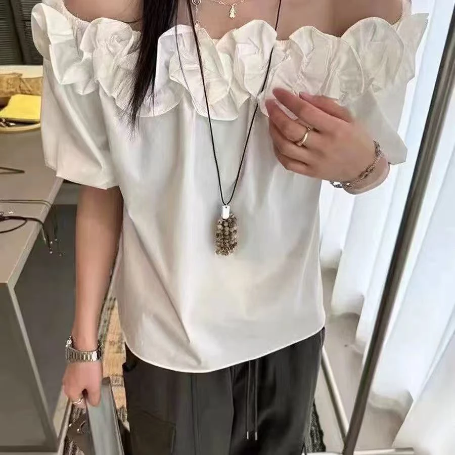 夏季新款韩系花边一字领泡泡袖减龄气质短款衬衫女